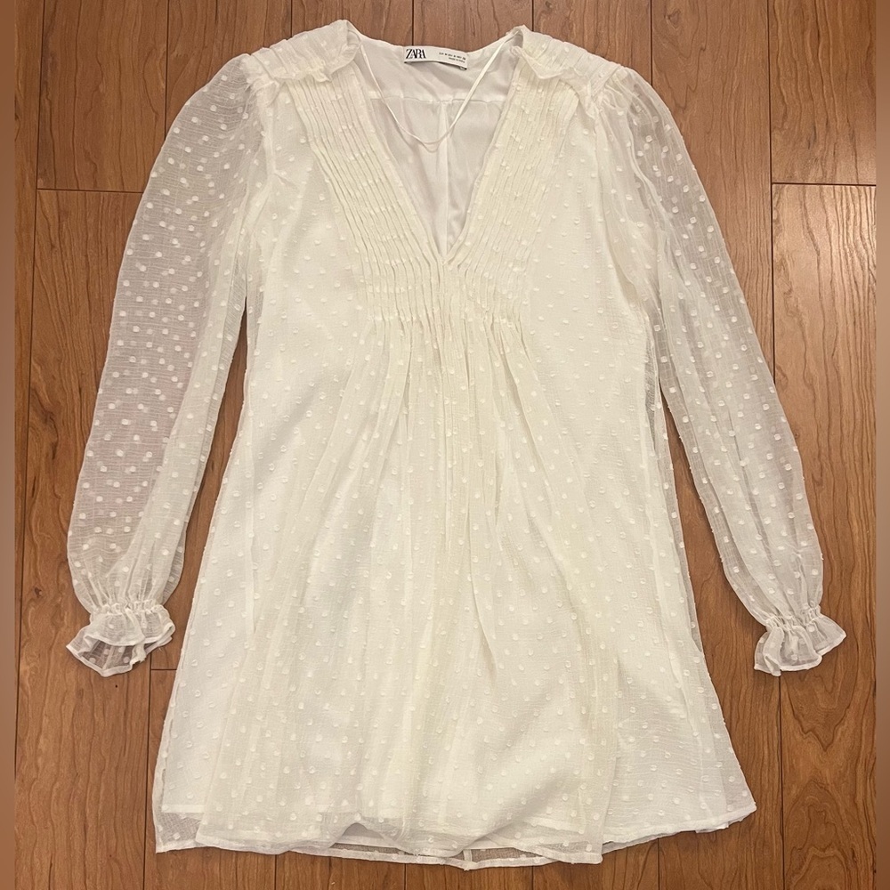 ZARA Medium Sheer White Swiss Dot Mini Dress V-neck Inventing Anna Court Dress